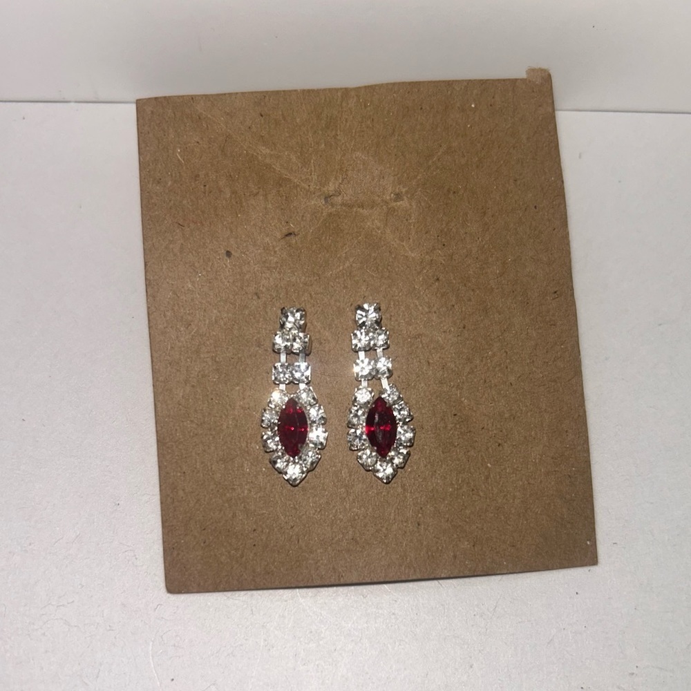 Vintage 1960s Ruby Crystal Rhinestones Art Deco Dangle Drop Pierced Earrings